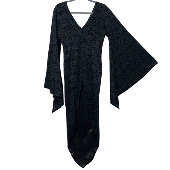 Halloween Womens Gown Bell Sleeve Spiderweb Print Sm Morticia Goth Party Costume - Picture 1 of 6